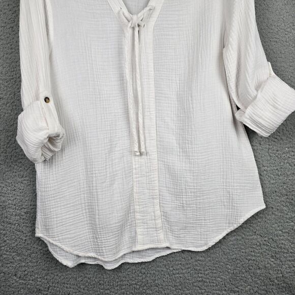 Side Stitch LA Cover Up Women M White Cotton Roll Tab Sleeves Lace Up V-Neck - Picture 6 of 12